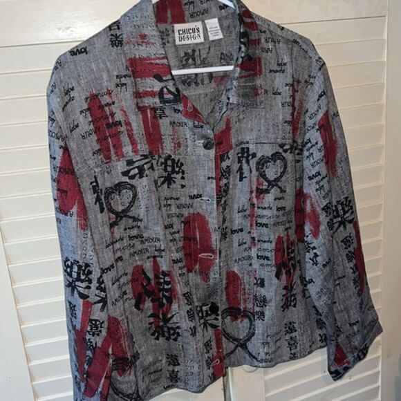 Women's Top Chico's Design Gray Button Front Love Languages 100% Linen Size 2 - Picture 2 of 4